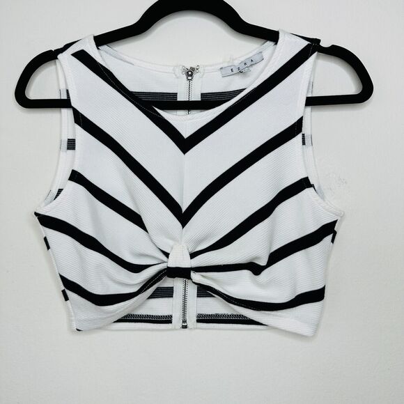 Ezra Black & White Striped Sleeveless V-Neck Crop Gathered Front Knot Back Zip S - Picture 2 of 13